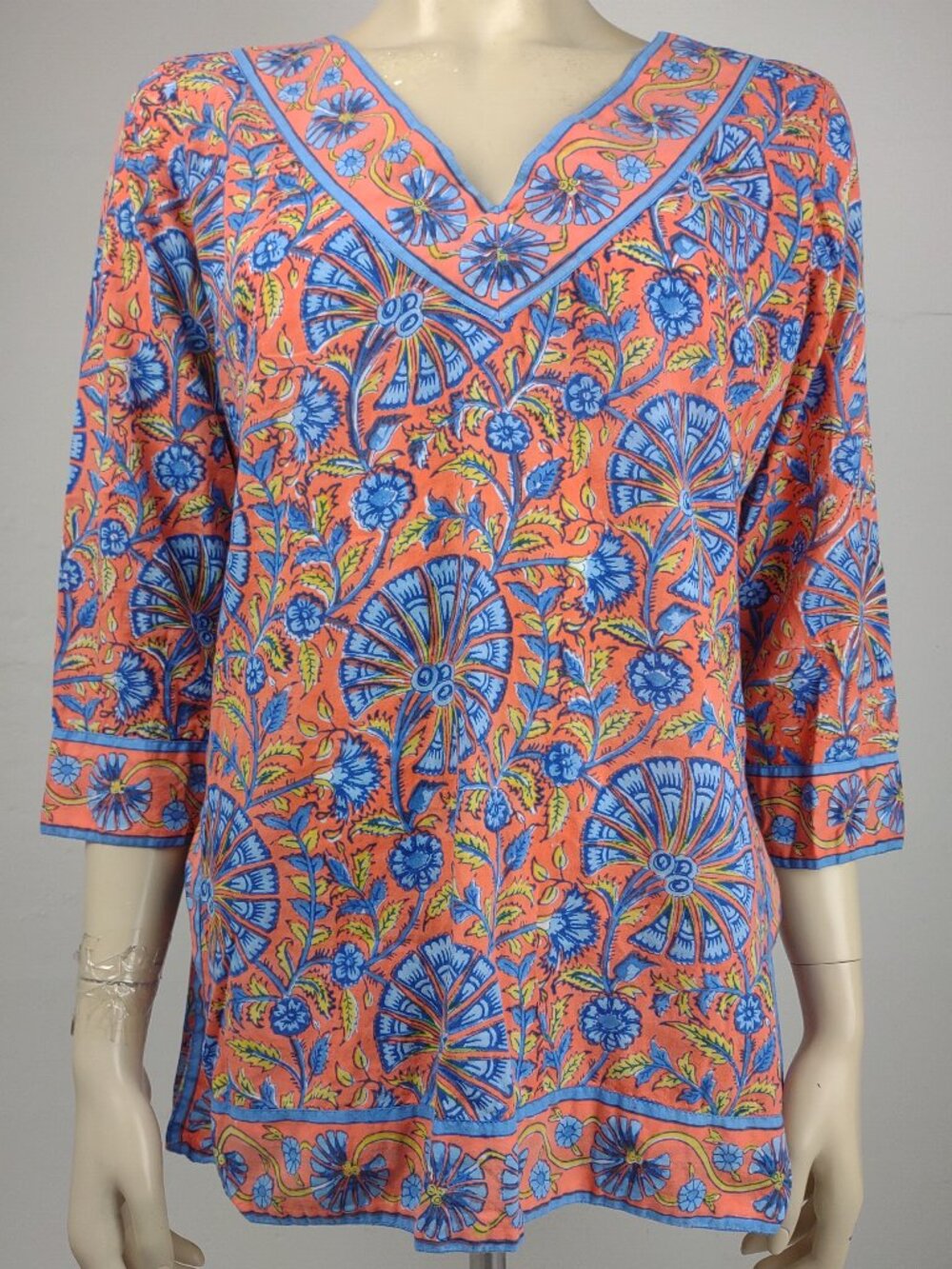 Gretchen Scott blue orange floral V-Neck tunic blouse ladies Medium